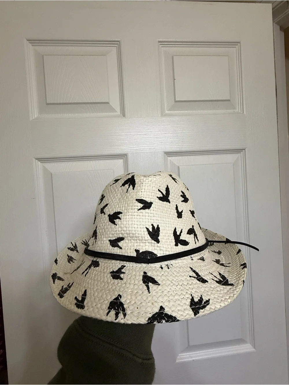 White Straw Hat with Black Bird Print